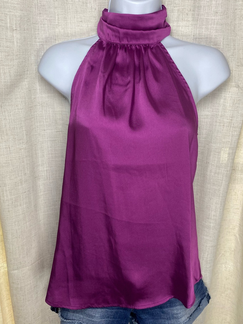 OLM Plum Magenta Satin High-Neck Halter Top Blouse - Size Small